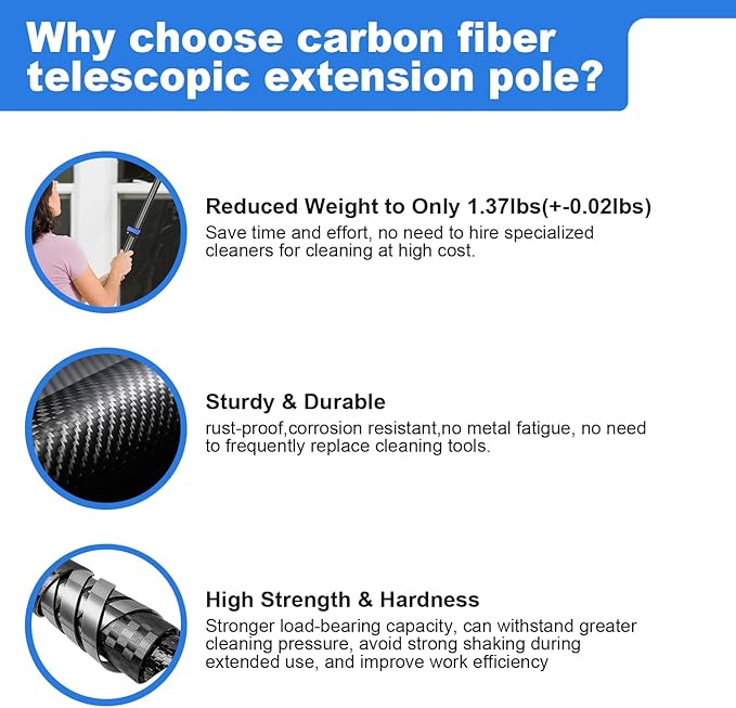 DOBEN 12-Foot Carbon Fiber Window Cleaner Tool with Telescopic Extension Pole, Rotating Scrubber & Squeegee - Durable Lightweight Design for Indoor/Outdoor Glass Cleaning
