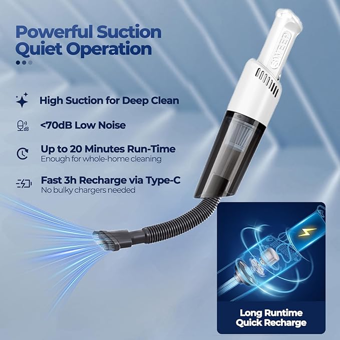 Xquyk Handheld Vacuum Cleaner Cordless, 3600Pa Suction, 50W Motor, Type-C Rechargeable, Bagless HEPA Filter, 20 Min Runtime, Lightweight 0.49 lb, for Car, Sofa, Home, Pet Hair（White）