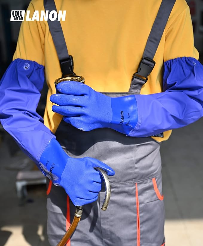 LANON 2 Pairs 26" Elbow Length PVC Chemical Resistant Gloves, Heavy-Duty Long Rubber Gloves, Acid, Alkali & Oil Protection, XL