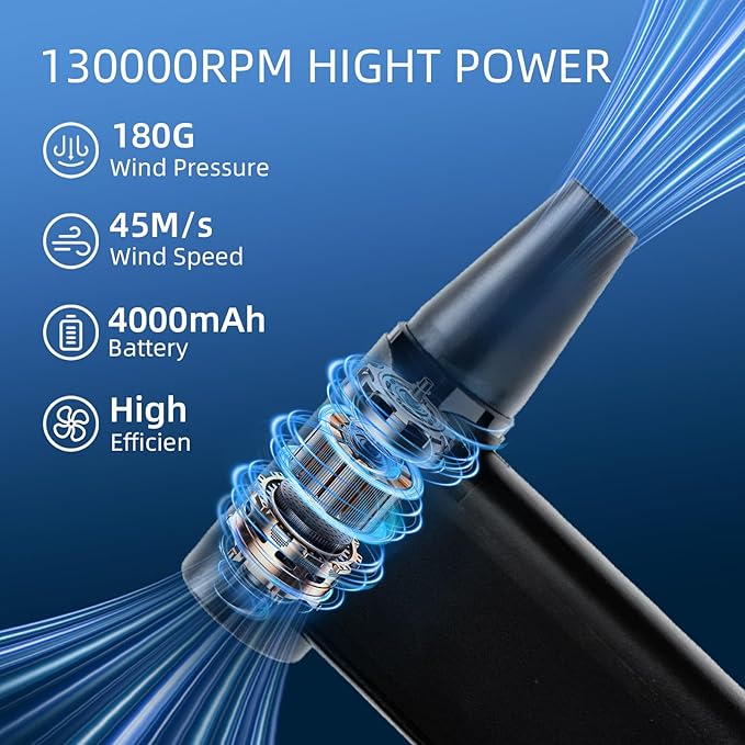 Electric Air Duster-130000 RPM Brushless Motor, 2-in-1 Blow & Vacuum, 4000mAh Rechargeable, 3 Gear Adjustable Compressed Air Duster for Computer, Keyboard, House and Car, 11pcs Accessories