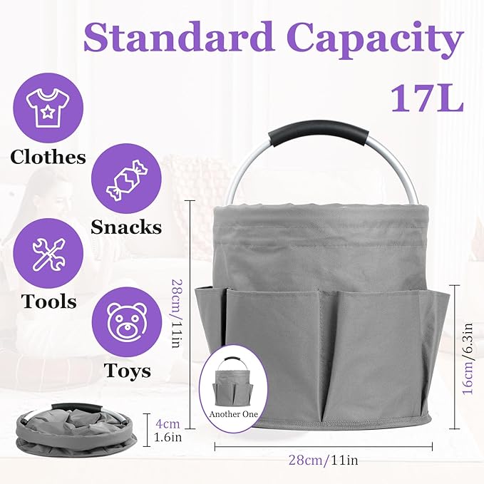 2Pcs Cleaning Caddy with Handle and 6 Pockets, 17L Foldable Cleaning Supply Caddy, Portable Shower Caddy in 600D Oxford Fabric, Multifunctional Storage Basket for Camping, Garden, Dark Gray