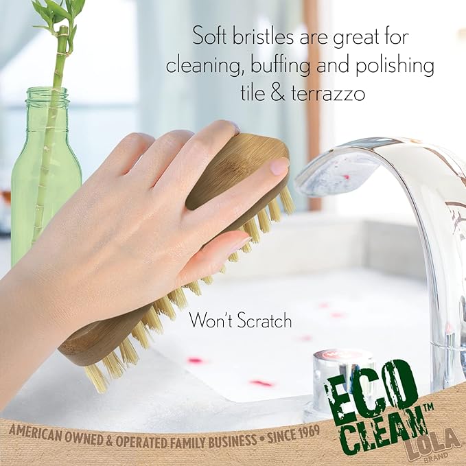 LOLA Bamboo Scrub Brush for Cleaning, Ergonomic Sustainable Durable Poly Bristles Made from Recycled Soda/Water Bottles Easy Hang Hole 1 Pack
