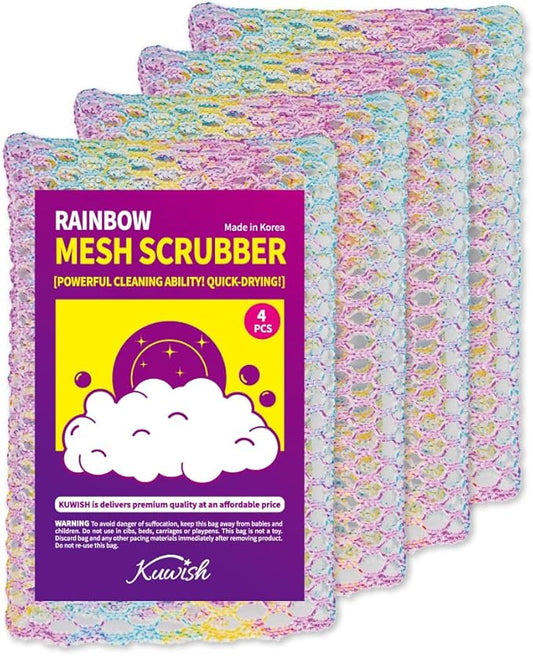 Kuwish Rainbow Mesh Scrubber Set - 4 Pack Multi-Color, Multi-Purpose, Durable and Non-Scratch Cleansing Sponges for Kitchen, Bathroom, and Home Cleaning Essentials