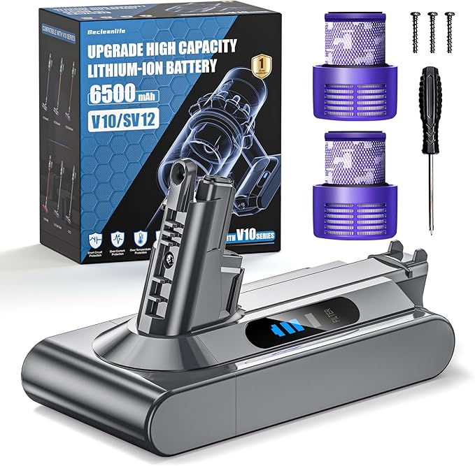 Becleanlife Battery Replacement Compatible with Dyson V10 Animal V10 Absolute V10 Fluffy V10 Motorhead V10 Cyclone SV12 Cordless Stick Vacuum Cleaner with 2 Filters