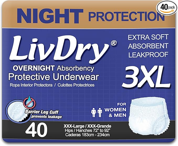 LivDry 3XL Overnight Adult Diapers for Women and Men, XXXL Incontinence Underwear, 72”-92" Waist, Disposable Pull-On Briefs, XXX-Large, 40 Count