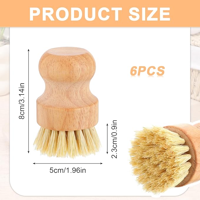 6 Pack Wood Dish Brush Set, Wood Scrub Brush for Dishes with Natural Sisal Bristles, Natural Dish Brushes for Pots Pans Sink Vegetables - Eco-Friendly Kitchen Cleaning Tools (3.14" x 1.96")