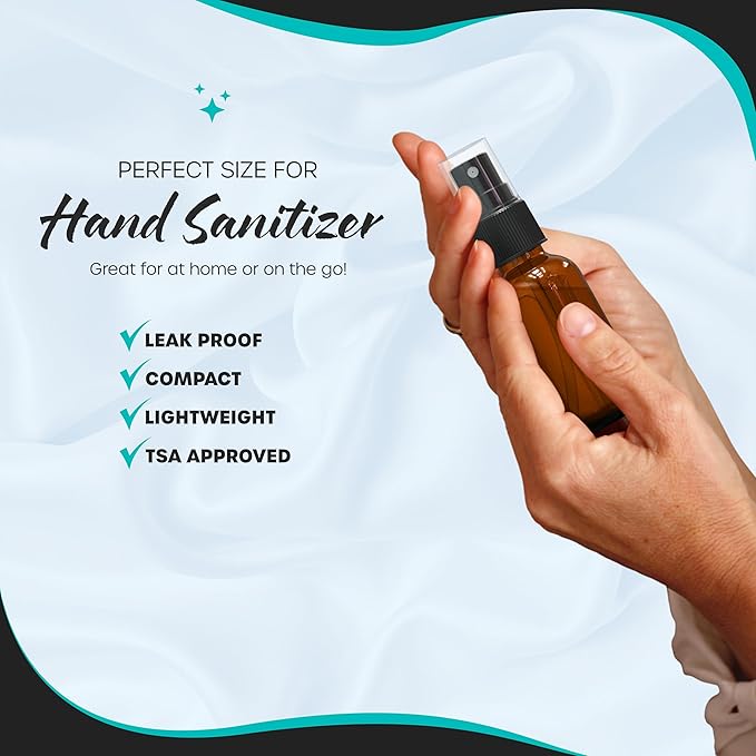 Nevlers 1oz Amber Glass Spray Bottles for Essential Oils 48 Pack | Ultra Fine Mist Spray Bottle for Face, Hair & Body | Travel Perfume Atomizer Set with Shrink Wrap, Labels, Marker, Funnel & Brush