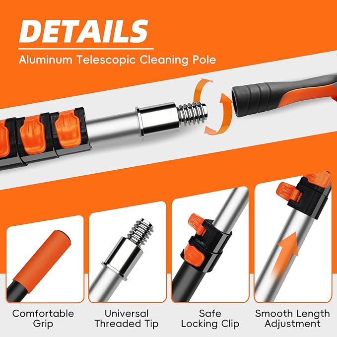 DALTACK 32 Foot High Dusters Kit for Cleaning with 5.6-24 Foot Heavy Duty Extension Pole, Extendable Reusable Cobweb, Feather, Ceiling Fan Cleaner Duster, Window Squeegee Kit