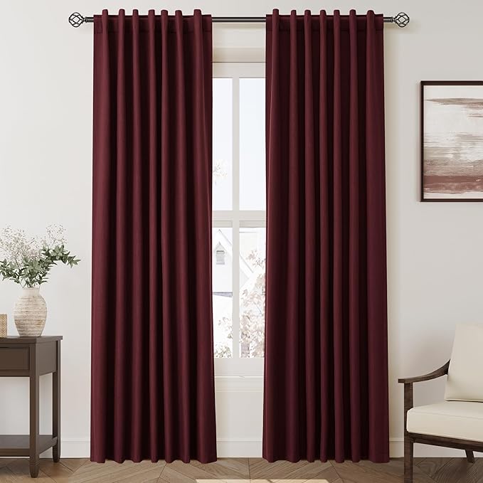 Nanspring Burgundy Linen Blackout Curtains 84 Inches Long Back Tab Rod Pocket Cooling Noise Reducing Thermal Insulated 100% Blackout 2 Panels Set for Bedroom Elegant Modern Curtains Drapes 52x84