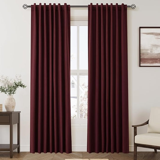 Nanspring Burgundy Linen Blackout Curtains 84 Inches Long Back Tab Rod Pocket Cooling Noise Reducing Thermal Insulated 100% Blackout 2 Panels Set for Bedroom Elegant Modern Curtains Drapes 52x84