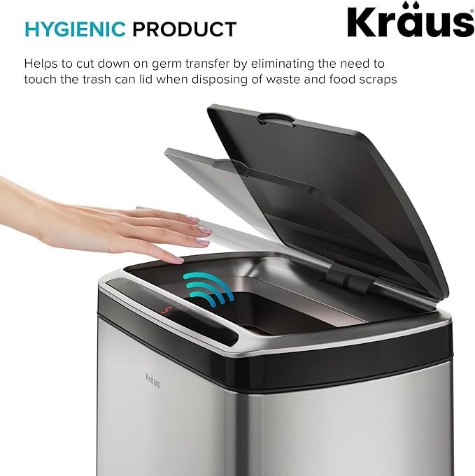 Kraus GarbagePro Rectangular 13 Gallon Hands-Free Motion Sensor Trash Can Battery Operated in Fingerprint Resistant Stainless Steel Finish with SoftShut Touchless Lid, KTCS-10SS