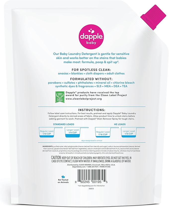 Dapple Baby Laundry Detergent, Powered by Plants, Concentrated, Hypoallergenic, Fragrance Free, Eco-Friendly Pouch, Stain Remover, 34 Fl Oz (2 Pack)