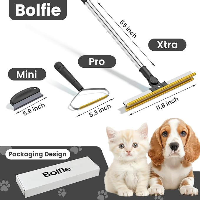 Bolfie 3 in 1 Carpet Rake for Pet Hair Removal, Tool Set of 3, 55” Long Handle Carpet Pet Hair Removal Carpet Scraper Dog Cat Hair Remover for Sofa, Couch, Car, Rug (Black)