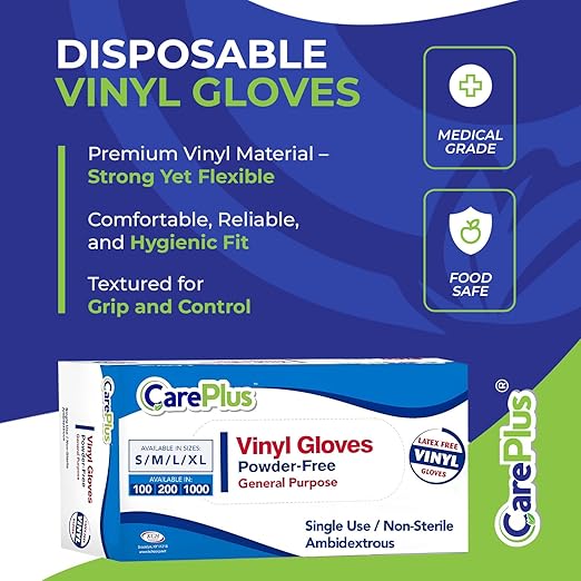 CARE PLUS Vinyl Gloves Clear Large Size 1000 Count | Heavy Duty, Non-Sterile, Powder-Free, Latex-Free Rubber | Food Prep, Kitchen & Cleaning Gloves, Ideal for Professional Use
