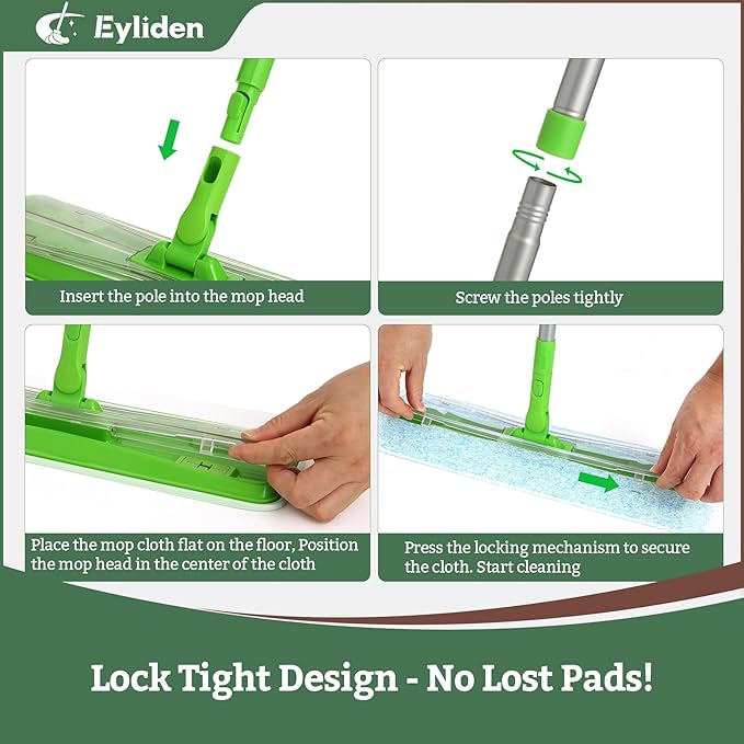 Eyliden Large Sweeper Mop, 16.5" Wide - Lock Tight Design No Lost Pads - 22 Disposable Dry & Wet Cloths, 58" Adjustable Handle, Dust Mops for Pet Hair, Hardwood Floors, Universal Refills (Green)