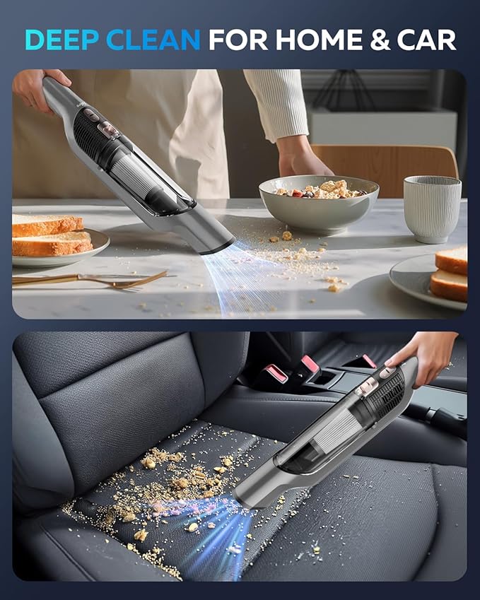 Zefiro Compact & Powerful Cordless Handheld Vacuum, Rechargeable Portable Car Vacuum for Car & Pet Hair, 22000PA High Power Suction, XL Dust Cup, 2 Brushes & Filters, Long Runtime with Charger
