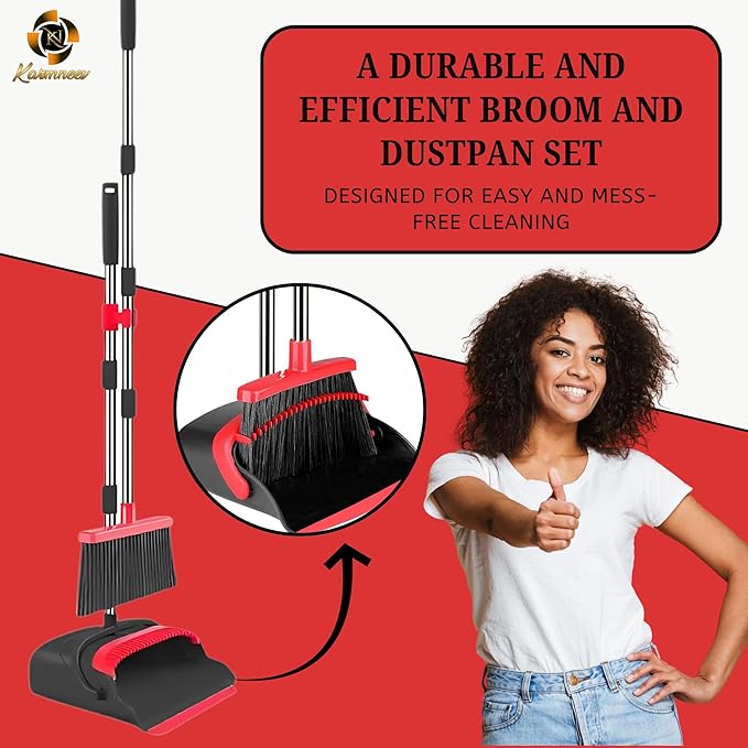 KARMNEEV Standing Broom and Dustpan Set, Built-in Scraper Teeth, No-Slip Grip, Dust Collection Tray for Home, Office, Lobby, and Outdoor, Adjustable Handle from 38.18" to 52" (Black and Red)