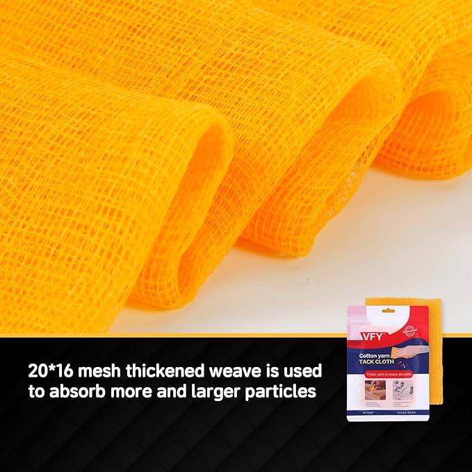 VFY Tack Cloth 20-PC, Individual Wrapping High Tack Yellow, 18"x 36" Size, 20x16 Mesh Tack Rags, Reclosable Zipper Bag, Wax & Silicone Free Anti-Static for Woodworking, Automotive Painting & Sanding