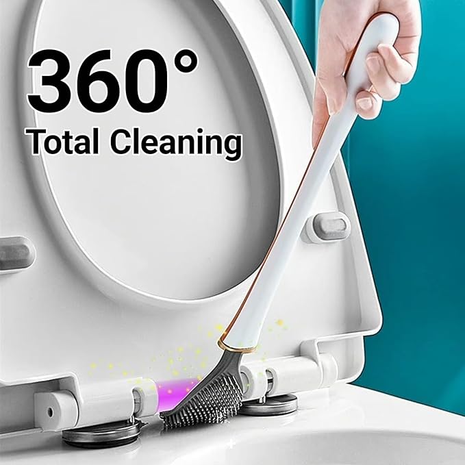 Flexible Silicone Toilet Brush and Holder Set Wall Mounted, Auto Closing TPR Brush Head for Deep Cleaning, Space Saving Bathroom Essentials with Adhesive Mounts (No Drilling) (2, Pearly White)