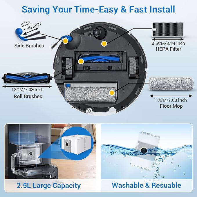 Bluevisk T80 Omni Replacement Parts for Ecovacs Deebot T80 Omni T80 for Yeedi M14 Plus Robotic Vacuum Cleaner Parts with 1 Roller,1 Mop,4 HEAP,6 Dust Bag,6 Side Brush,1 Clean Brush Accessories