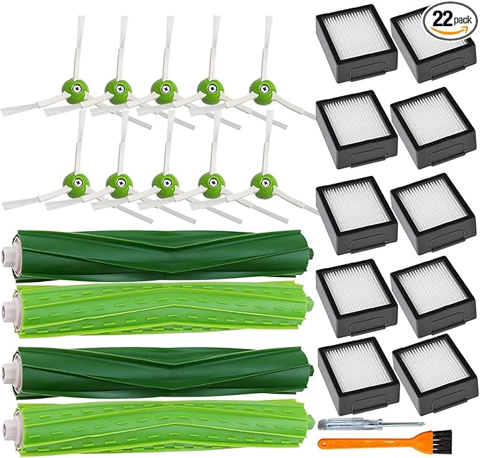 PELLYDA Replacement Parts for irobot Roomba i,e&j Series,i3 i3+ i4 i6 i6+ i7 i7+ i8 i8+ E5 E6 E7 Vacuum Cleaner,Replenishment kits Accessories 2 Set Rubber Brushes,10 HEPA Filters,10 Side Brushes
