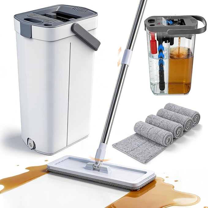 Yotock Mop and Bucket Set, 50" Flat Mop and Bucket System for Floor Cleaning, Separate Dirty and Clean Water, 4 Microfiber Pads Included, Wet and Dry Use, for Cleaning All Floor Types and Windows