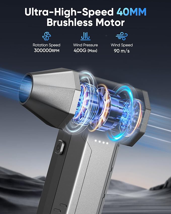 Yeeke Compressed Air Duster, 300000 RPM & 400 G Wind Pressure, 10000 mAh Battery with Fast Charging, 4-Gear Electric Air Duster Rechargeable, Electric Duster Mini Blower with LED Light for Cleaning