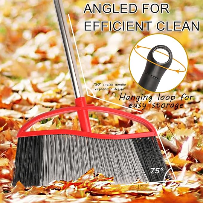 MuLing Heavy Duty Outdooor Broom - 15.7" Wide Broom with Wide Angle Design, Long Handle & Powerful Stiff Bristles for Patio, Garden, Garage, Yard (Red)