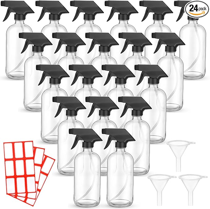 Norme 24 Pcs Glass Spray Bottles with Funnels and Labels 8 oz Refillable Cosmetic Empty Spray Containers with Trigger Squirt Containers for Essential Oil Cleaning Solutions(Clear)