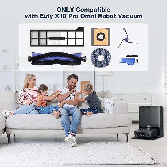 23 Pack X10 Accessories Kit Replacement Compatible with Eufy X10 Pro Omni Vacuum, 1 Main Brush, 4 Mop Cloth Pads, 6 Side Brushes, 4 HEPA Filters, 6 Dust Bags, 1 Cleaning Tools, 1 Screwdriver