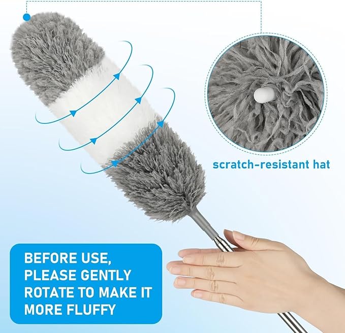 Microfiber Feather Dusters for Cleaning, Duster with 100 inch Extension Pole, Cobweb Cleaner Duster Tools with 2 Microfiber Heads, Long Aluminum Telescoping Pole for Ceiling Fan Blinds Furniture Cars