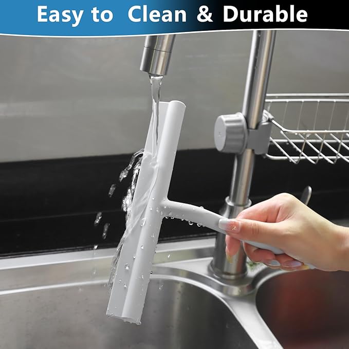 DEOFUXT Shower Squeegee for Glass Doors, Full Silicone Jacketed Squeegee with Ergonomic Handle & No-Drill Hook, Cleaning Tool for Windows, Mirrors, Tiles, Bathroom & Car - Grey