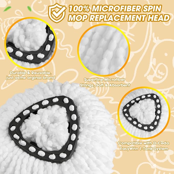 6 Pack Spin Mop Replacement Heads, Microfiber Spin Mop Refills for O Ceda EasyWrin 1-Tank System, 360° Replacement Mop Head, Machine Washable Spinning Mop Replace Head for Easy Floor Cleaning