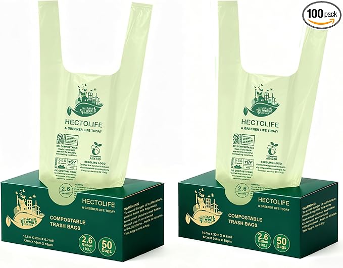 HECTOLIFE 2.6 Gallon 100 Count,Compostable Bags Handle Tie,Tear Resistant Kitchen Food Scrap Waste Bag, ASTM D6400, US BPI and Europe OK Compost Home Certified