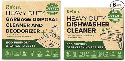 Renuv Dishwasher Cleaner + Garbage Disposal Cleaner - Heavy Duty Kitchen Appliance Deep Cleaning, Descaling and Deodorizing, (12 Tablets of each)