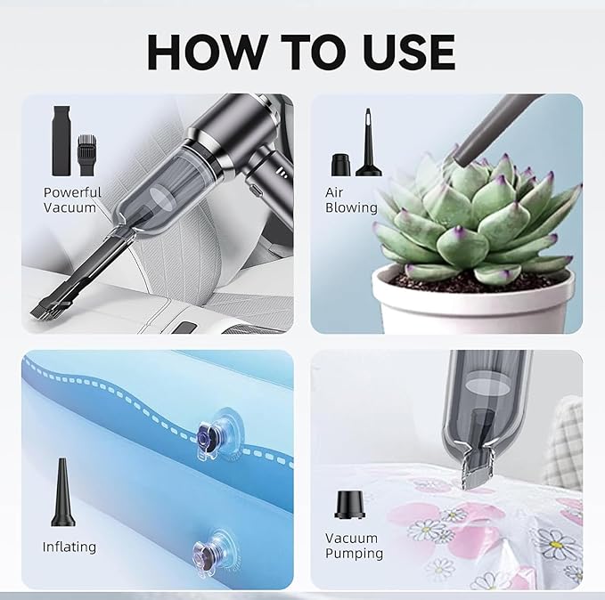 paeudomrf Car Vacuum Portable Cordless, 19000Pa Mini Vacuum Cleaner High Power 4-in-1 Compressed Air Duster Blower Pump Small Handheld Vacuum Cleaner Cordless Rechargeable for Car Home Office Desk