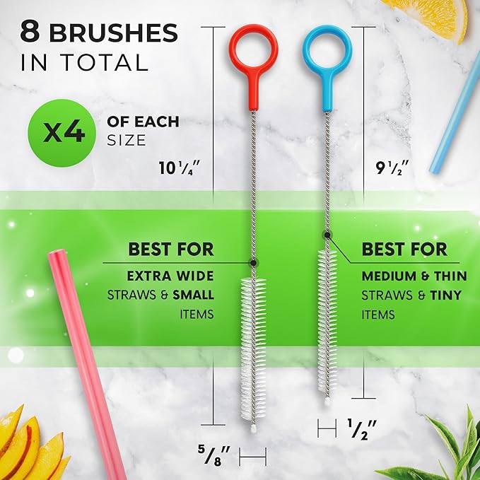 Buenalife Heavy Duty Cleaning Brushes Set of 8 - Extra Long Straw Cleaners for Metal and Plastic Reusable Drinking Straws, to Clean Small Spaces, Sippy Cups, Water Bottles - Sturdy Hard Brush Bristles