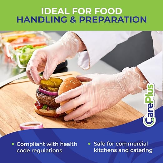 CARE PLUS Vinyl Gloves Clear Large Size 100 Count | Heavy Duty, Non-Sterile, Powder-Free, Latex-Free Rubber | Food Prep, Kitchen & Cleaning Gloves, Ideal for Professional Use