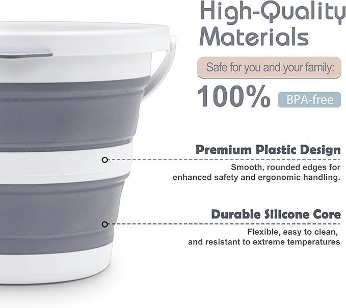 2-Pack Small Collapsible Bucket 1.3 Gal/5L, BPA-Free - Space-Efficient, Portable Foldable Water Pail for Household, Outdoor Use, Car Wash, Camping, Fishing - Grey