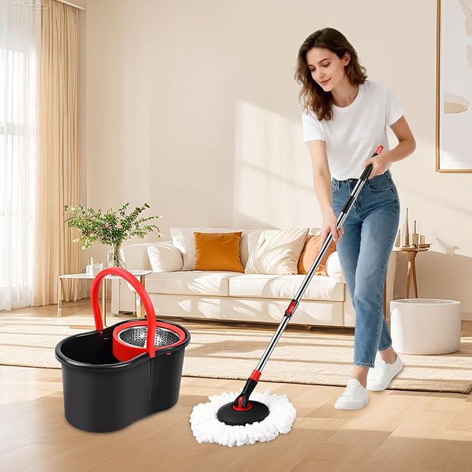 Spin Mop and Bucket, Mop and Bucket with Wringer Set for Home, 360 Spinning Mop Bucket Floor Cleaning Tool with 1 Microfiber Mop Replacement Head,50" Stainless Steel Handle (Black-Includes 1 mop)