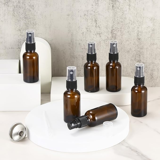1 oz ml Amber Glass Spray Bottles,Small Empty Fine Mist Refillable Travel Spray Bottle for Cleaning,Perfume,Aromatherapy,Cosmetic Sprays,Hair,Essential Oils with Fine Mist Dispenser（6 Pack）