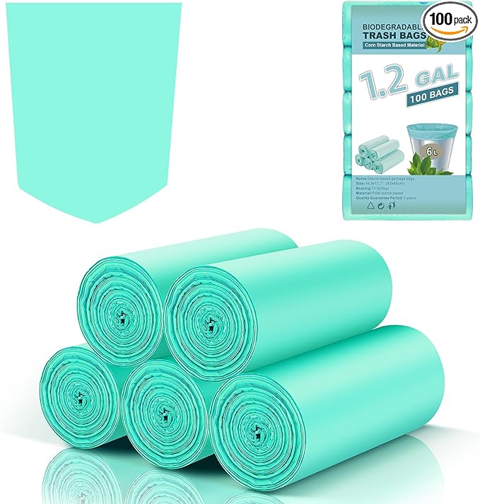 Small Biodegradable Trash Bags 1.2 Gallon - Mini Compostable Garbage Bag Unscented Strong Thicken Rubbish Waste Can Liners For Outdoor Camping Garden and Kitchen (Blue, 100 Count)