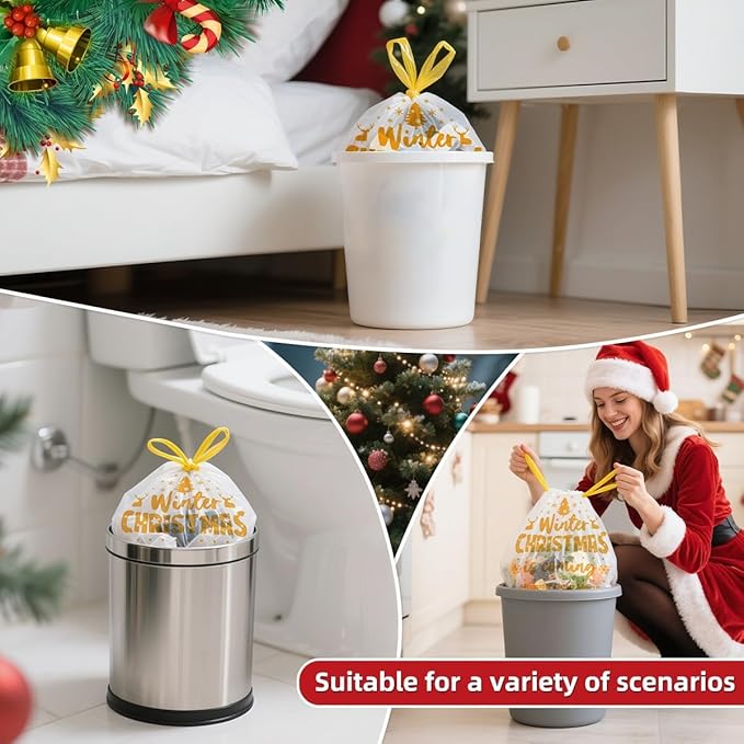 3 Gallon Christmas Drawstring Trash Bags – 50 Count Small Christmas Printed Garbage Bags, Festive Printed Waste Bin Liners, Holiday Christmas Supplies for Bathroom, Party Cleanup, Gold