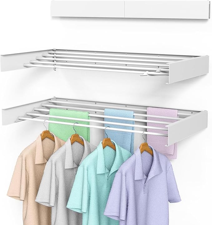 Laundry Drying Rack, Collapsible Wall Mounted Clothes Drying Rack - Drying Rack Clothing Foldable,Space Saving, 31.5" Wide, 13.2 Linear Ft, 5 Aluminum Rods, 60 lb Capacity (White, 31.5")