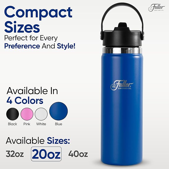 Fuller Stainless Steel Water Bottle with Straw Lid – BPA-Free, Sweat-Proof, Leak-Proof Travel Mug – Double Wall Insulated for Hot & Cold Drinks – Carry Handle (Mazarine Blue, 20 Oz.)