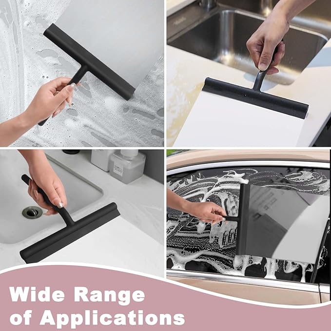 DEOFUXT Squeegee for Shower Glass Doors, Resilient Loop - No-Drill & Adhesive Hook, Silicone Shower Squeegee with Stainless Steel Core, Cleaning Tool for Home, Kitchen, Bathroom & Car - Pink