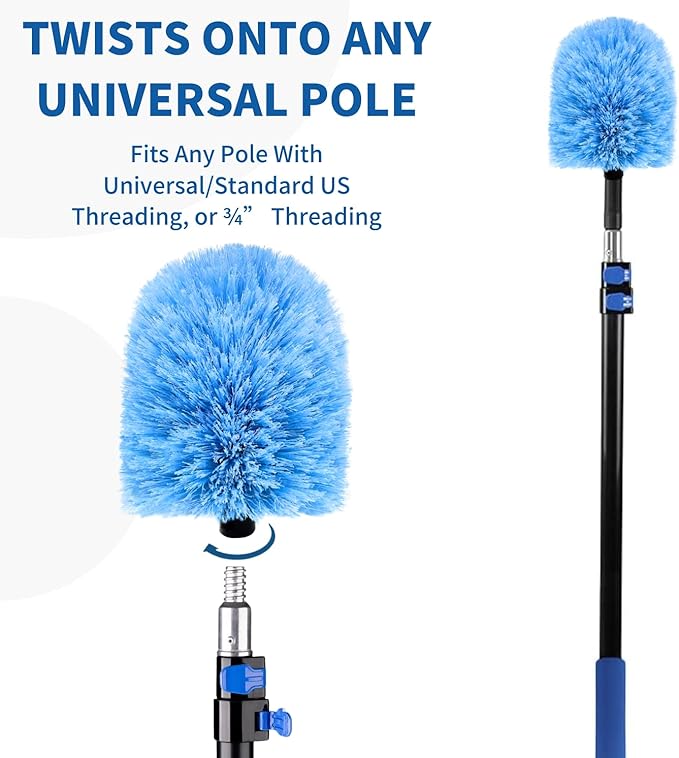 2 Pack Screw on Webster Cobweb Duster Head for Pole,Spider Web Remover Brush, Cobweb Duster Head Attachment,Fits Standard 3/4 inch Threaded Poles(Big, Blue)