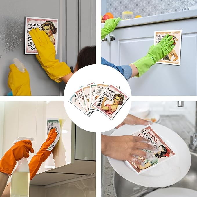 Retro Housewife Dish Cloths for Kitchen, 6 Pack Funny Sarcastic Reusable Swedish Dish Cloths, Absorbent Fast Drying Sponge Cleaning Cloth Towels Wipes for Cooking Home Decoration Housewarming Gift