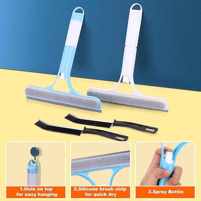 Juome 2PCS 3 in 1 Window Cleaning Scraper - Window Cleaner Squeegee with Sprayer, Squeegee for Window Cleaning Kit, Window Cleaning Tool with Cleaning Brush for Shower Glass, Mirrors, Home Window, Car