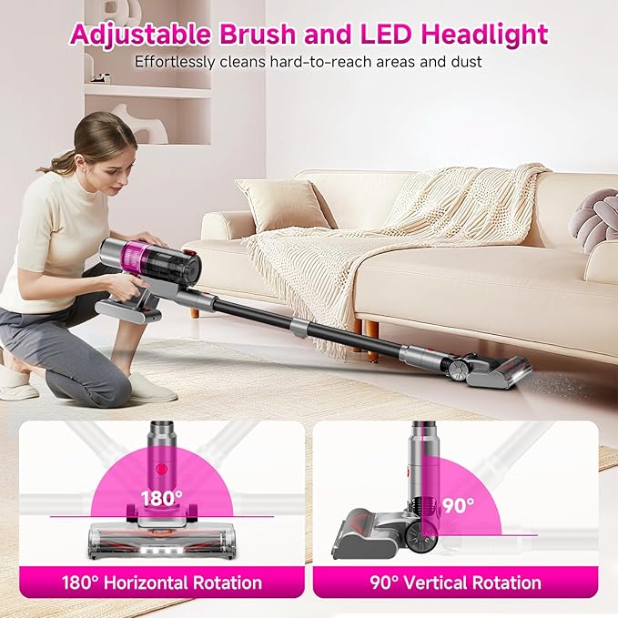 Clinkal Cordless Vacuum Cleaner: 40KPA Powerful Suction Cordless Stick Vacuum Cleaners for Home, Anti-Tangle Brush, Lightweight, 6-in-1 Rechargeable Vacuum for Pet Hair/Carpet/Hard Floor(Purple)